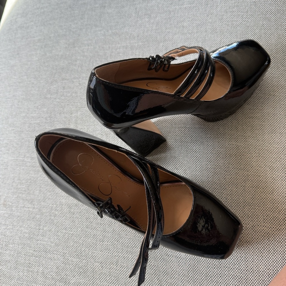 Jessica Simpson Glossy Black Triple Strap Platforms